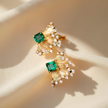 French-Inspired Small-Batch Artisanal Earrings with Round diamonds and Green Emerald