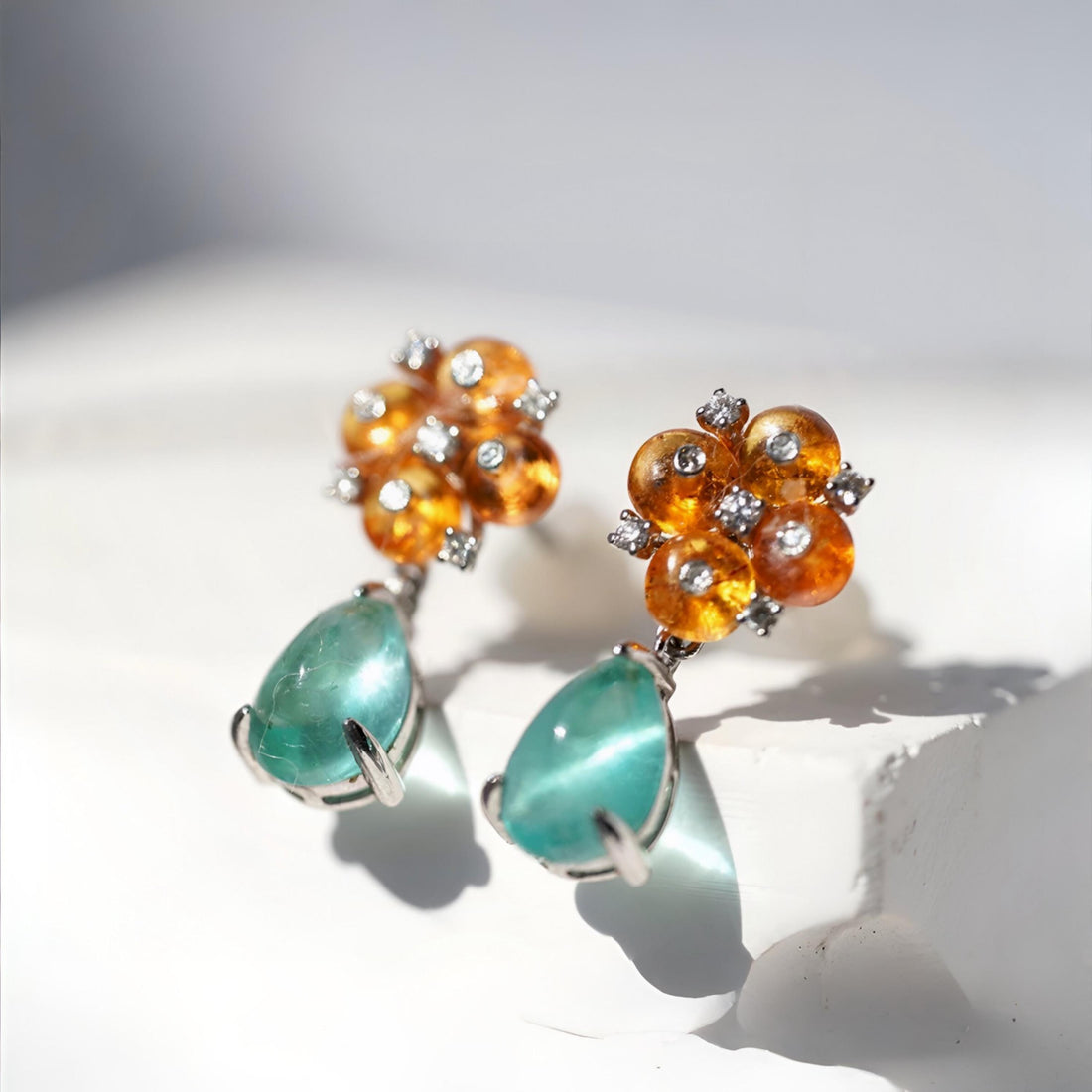 14K White Gold Emerald Diamond Garnet Earrings