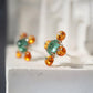 14K Solid White Gold Emerald, Orange Garnet and Diamond Stud Earrings