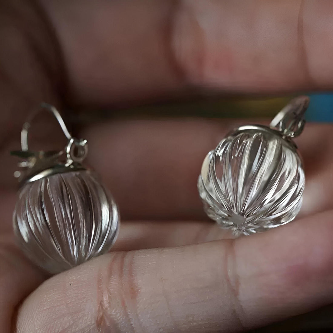 Natural Crystal Ball Earrings | Carved Crystal Drop with Star Charm | 925 Sterling Silver Statement Earrings | Holiday Gift for Her