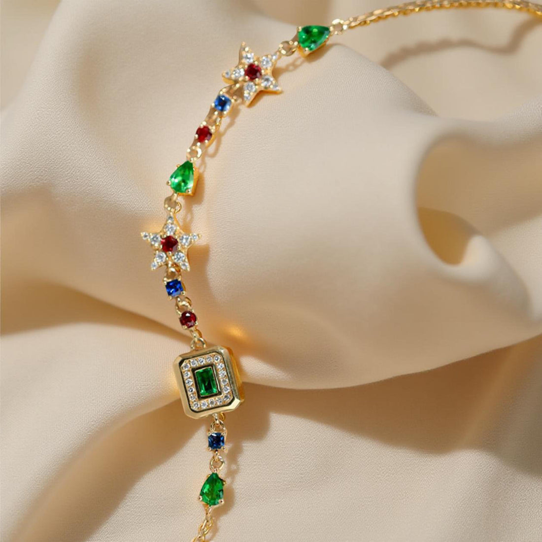 Celestial Gold Bracelet with Natural Rubies, Sapphires & Emeralds | 18K Solid Gold Star Charm Jewelry | Dainty Multicolor Fine Gift for Her