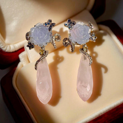 One-of-a-Kind  Blue Chalcedony Flower & Rose Quartz Drop Earrings
