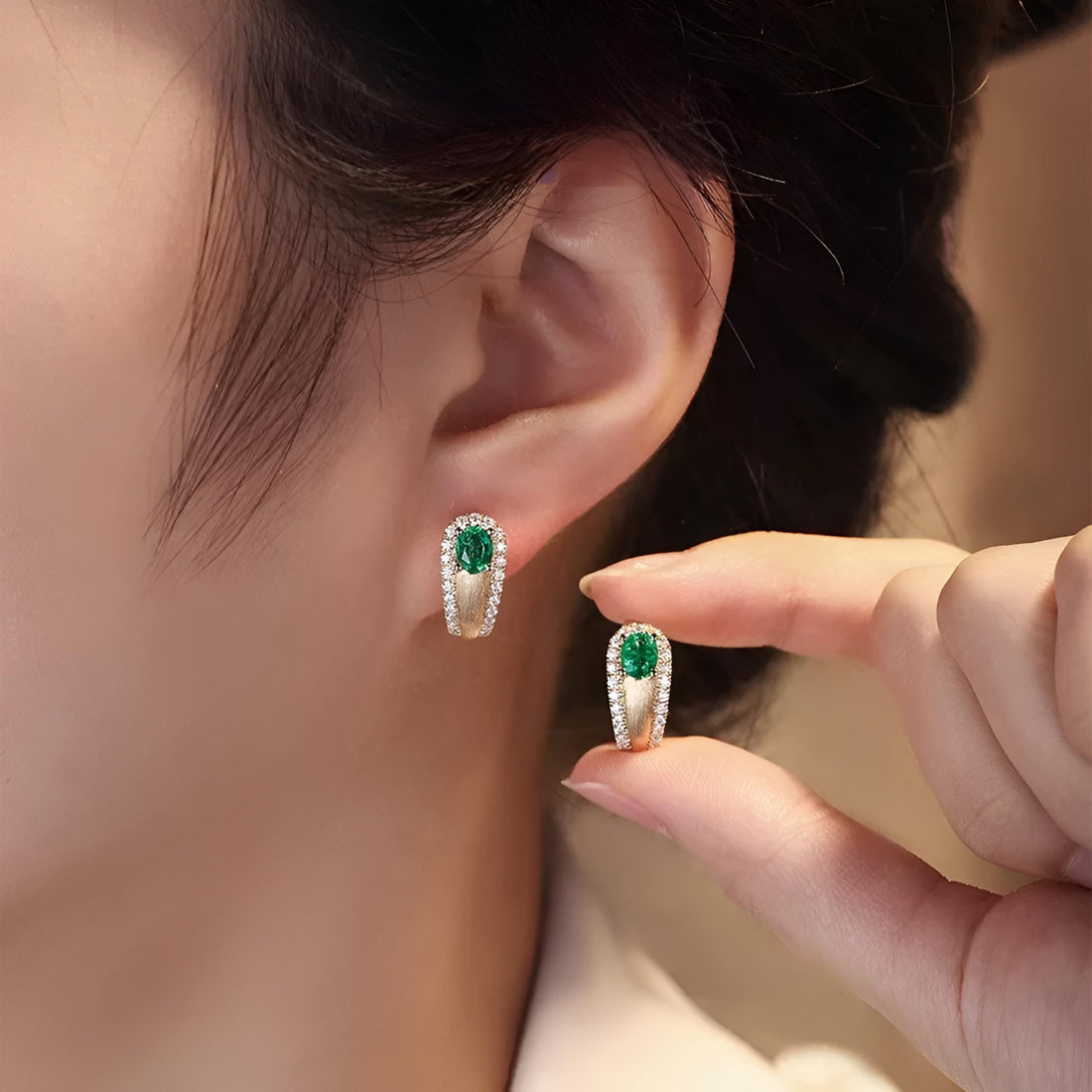 18K Gold Emerald Hoop Earrings