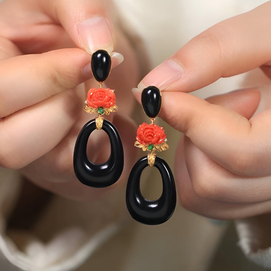 Elegant Black Jade & Coral Earrings