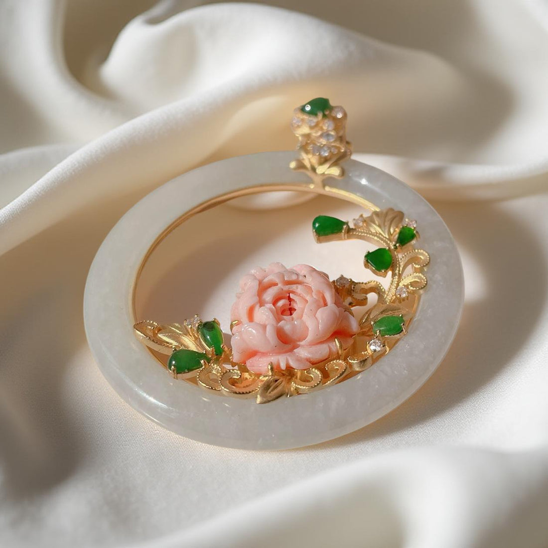 One-of-a-Kind Jadeite Pendant with Hand-Carved Coral Rose & Diamonds