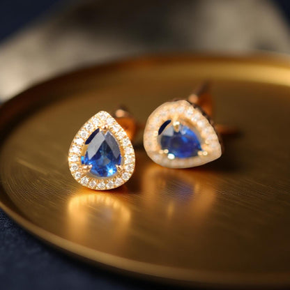 18K Solid Gold Sapphire & Diamond Stud Earrings | Ceylon Blue Teardrop Sapphires | Luxury Fine Jewelry Gift | G VS Diamonds
