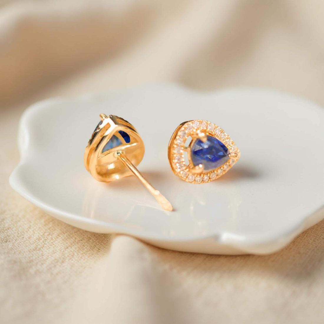 18K Solid Gold Sapphire & Diamond Stud Earrings | Ceylon Blue Teardrop Sapphires | Luxury Fine Jewelry Gift | G VS Diamonds