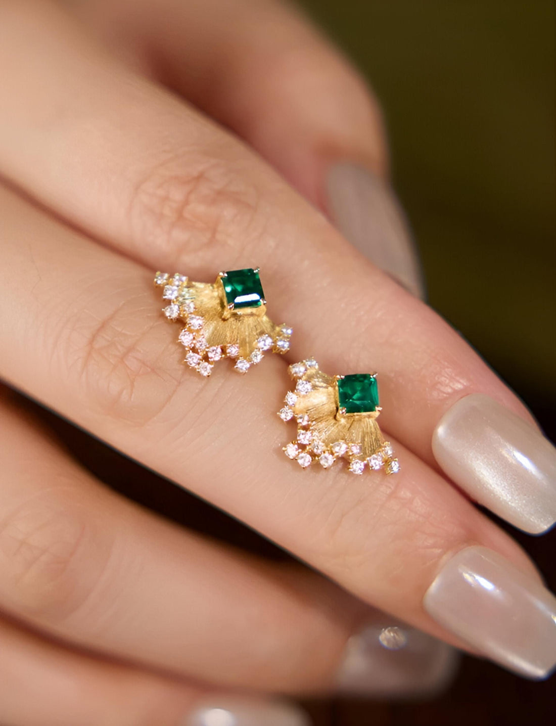 French-Inspired Small-Batch Artisanal Earrings with Round diamonds and Green Emerald