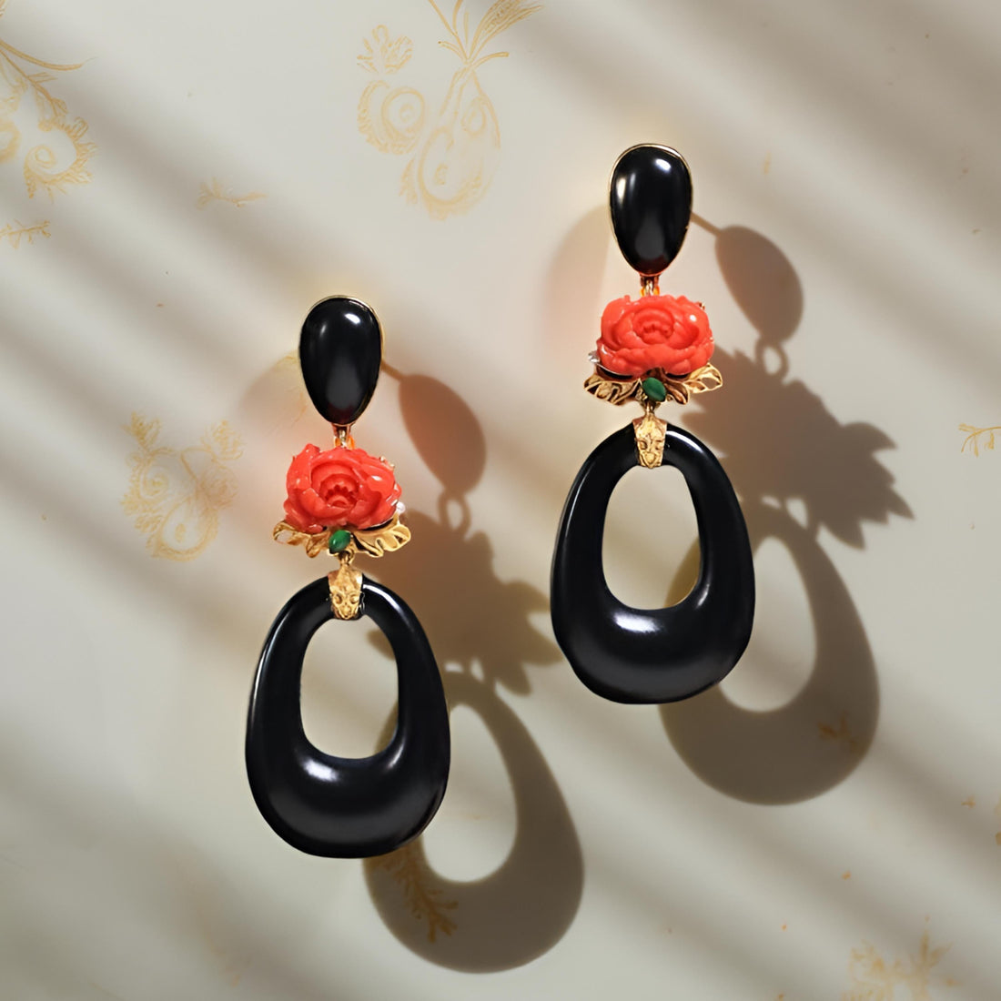 Elegant Black Jade & Coral Earrings