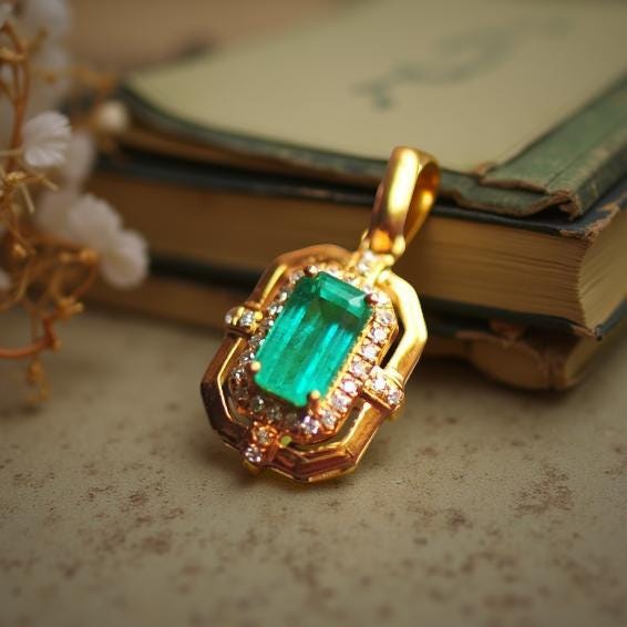 18K Solid Gold Emerald Pendant