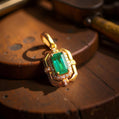 18K Solid Gold Emerald Pendant | Vivid Green Colombian Emerald Jewelry | Vintage-Inspired Fine Gold Necklace Charm | Gift for Her