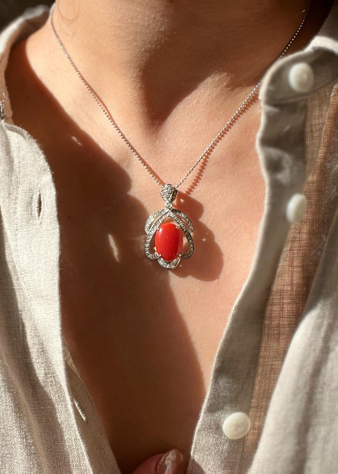One-of-a-Kind Coral Diamond Necklace in 18K Solid WhiteGold