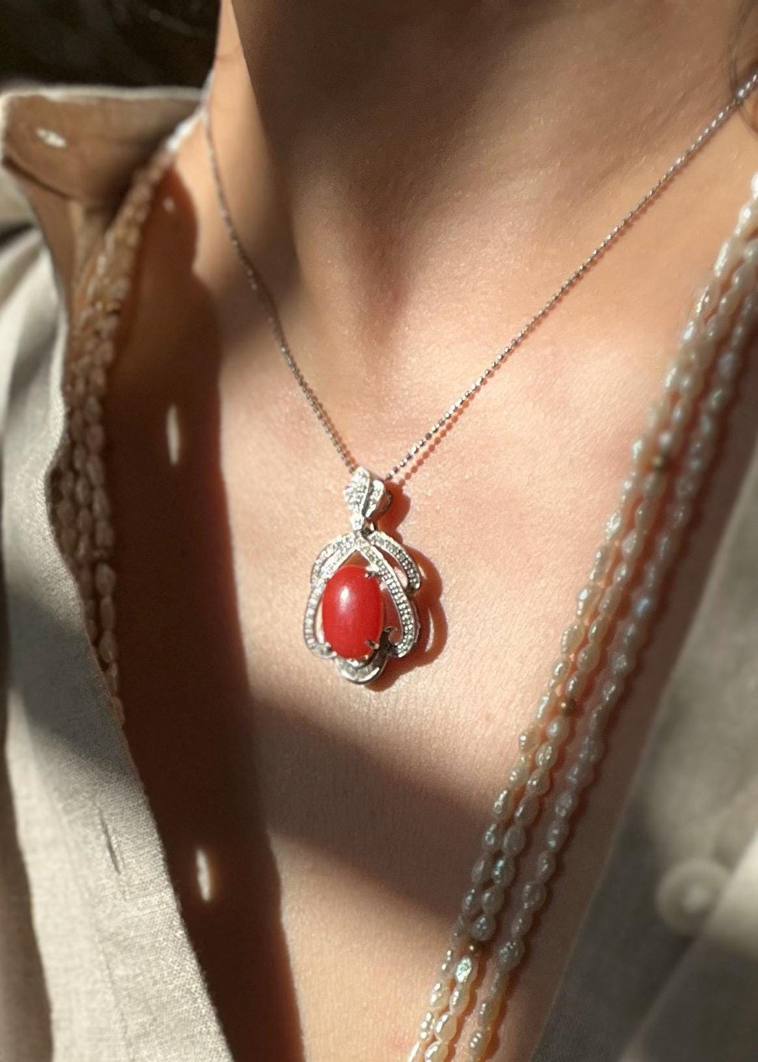 One-of-a-Kind Coral Diamond Necklace in 18K Solid WhiteGold