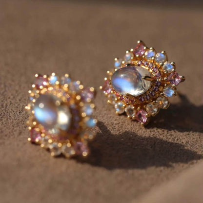 18K Solid Gold Moonstone with Pink Sapphires Earrings