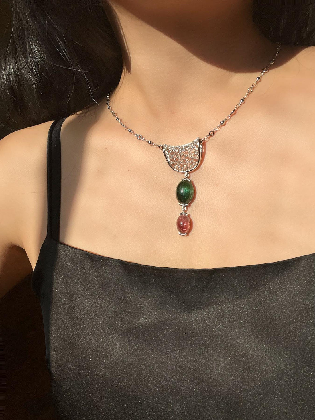 Natural Rubellite & Green Tourmaline Pendant