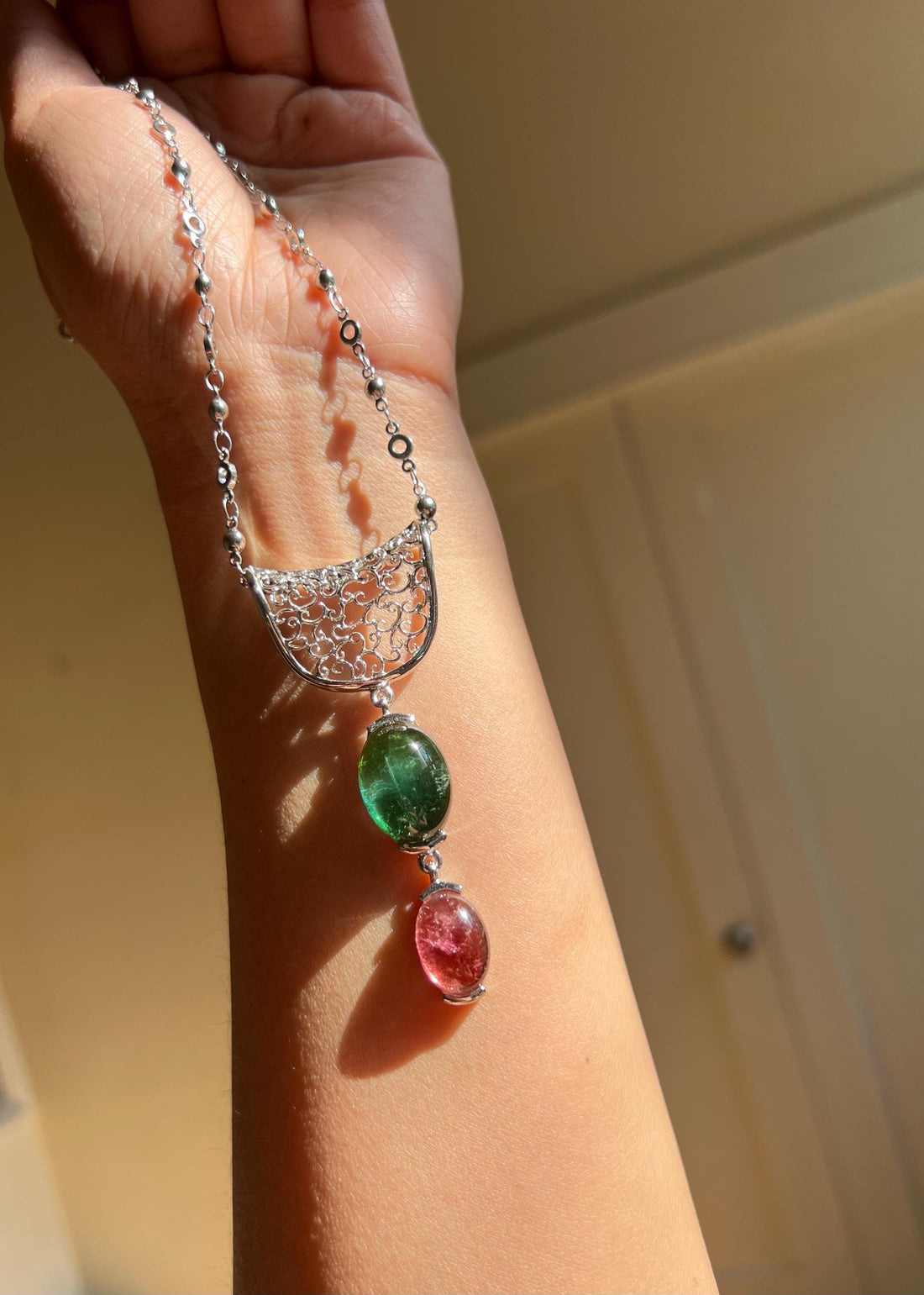 Natural Rubellite & Green Tourmaline Pendant