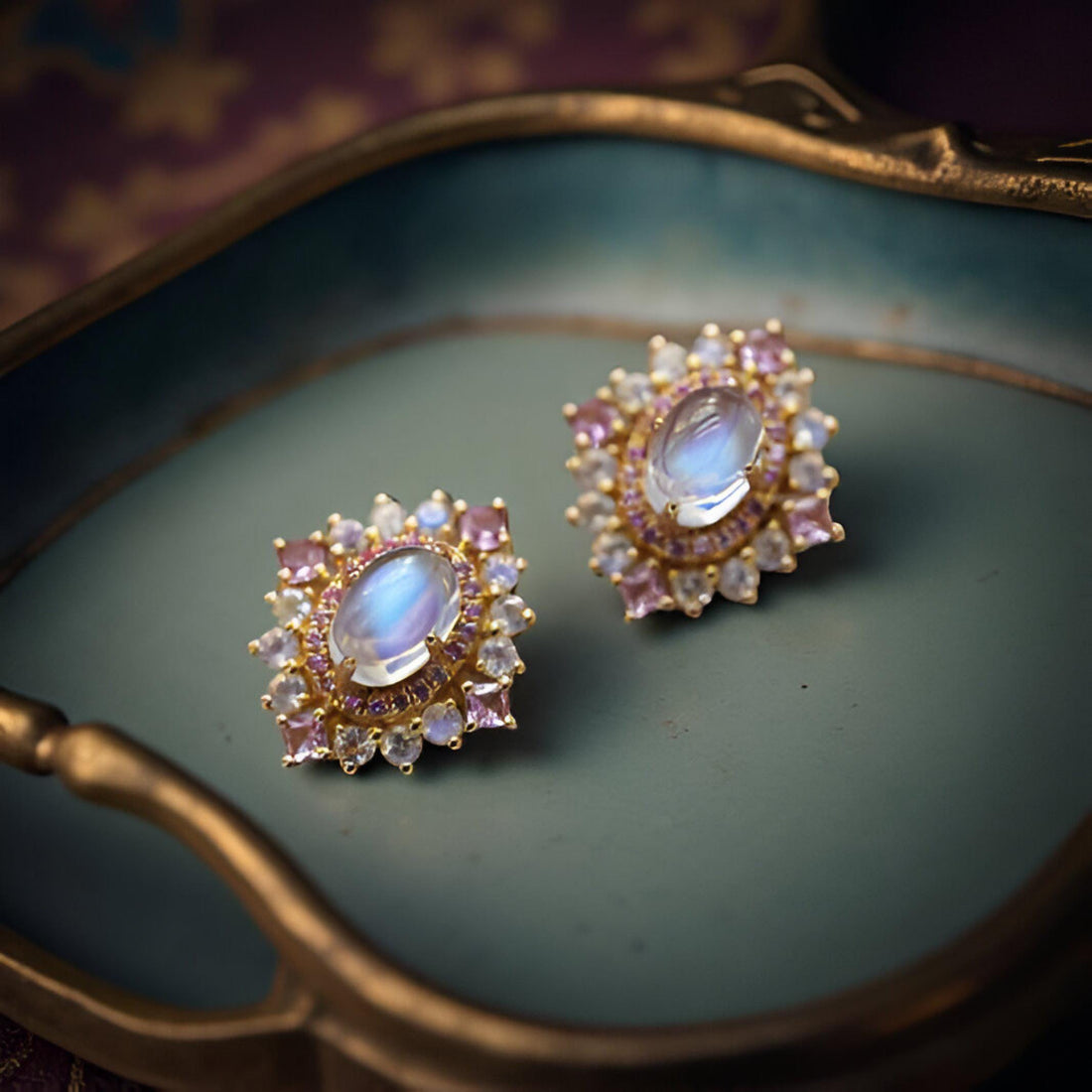 Solid 18K Gold Natural Moonstone and Pink Sapphire Earrings