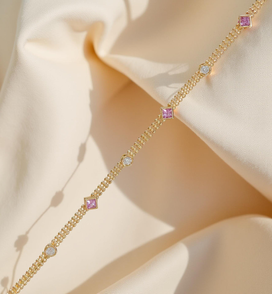 18K Solid Gold Pink Sapphire Diamond Bracelet | Lace Chain Jewelry | Dainty Natural Gemstone Gift | Custom Gold Bracelet,earth mined diamond