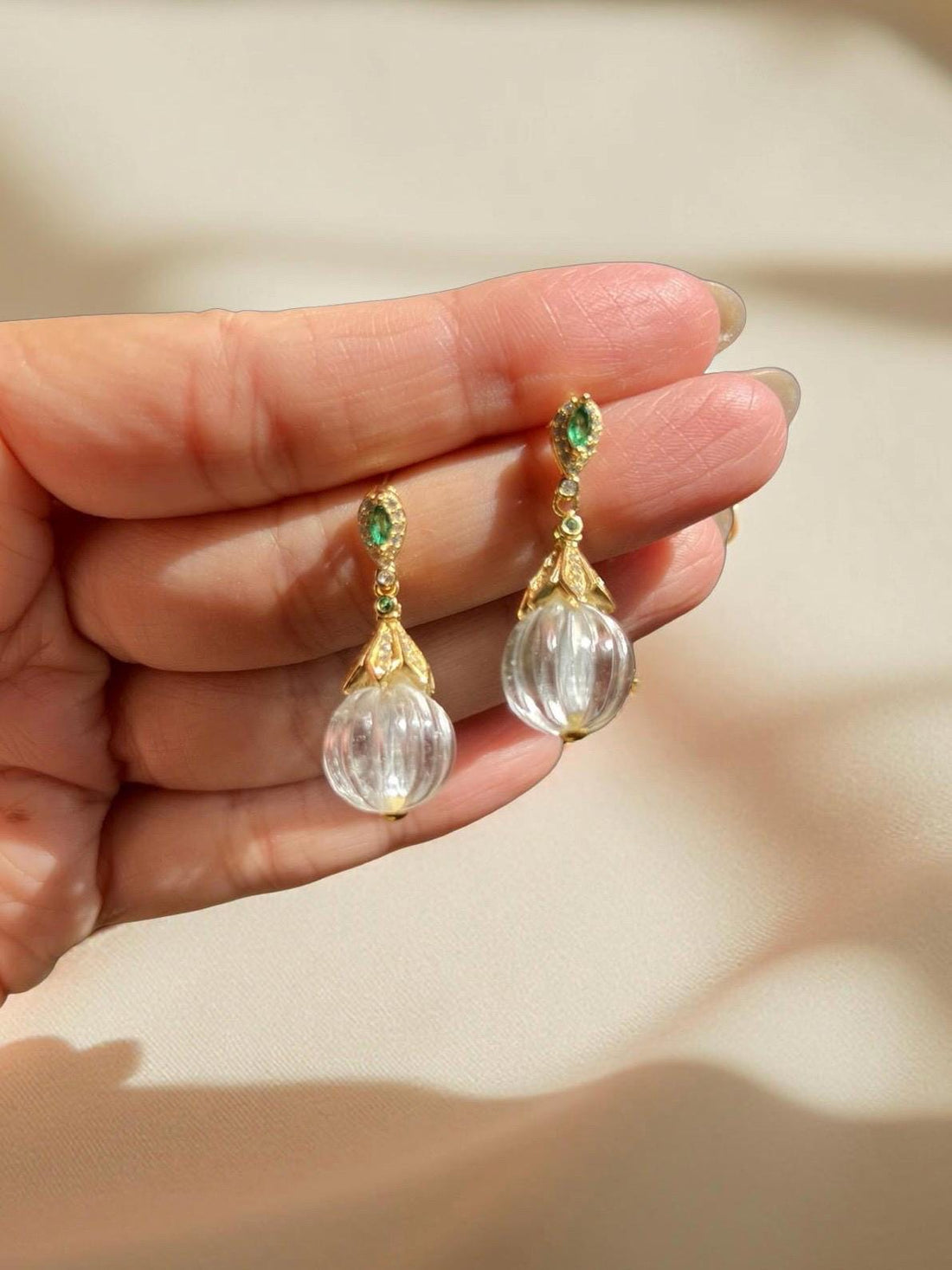 Natural Clear Quartz Drop Earrings with Emerald