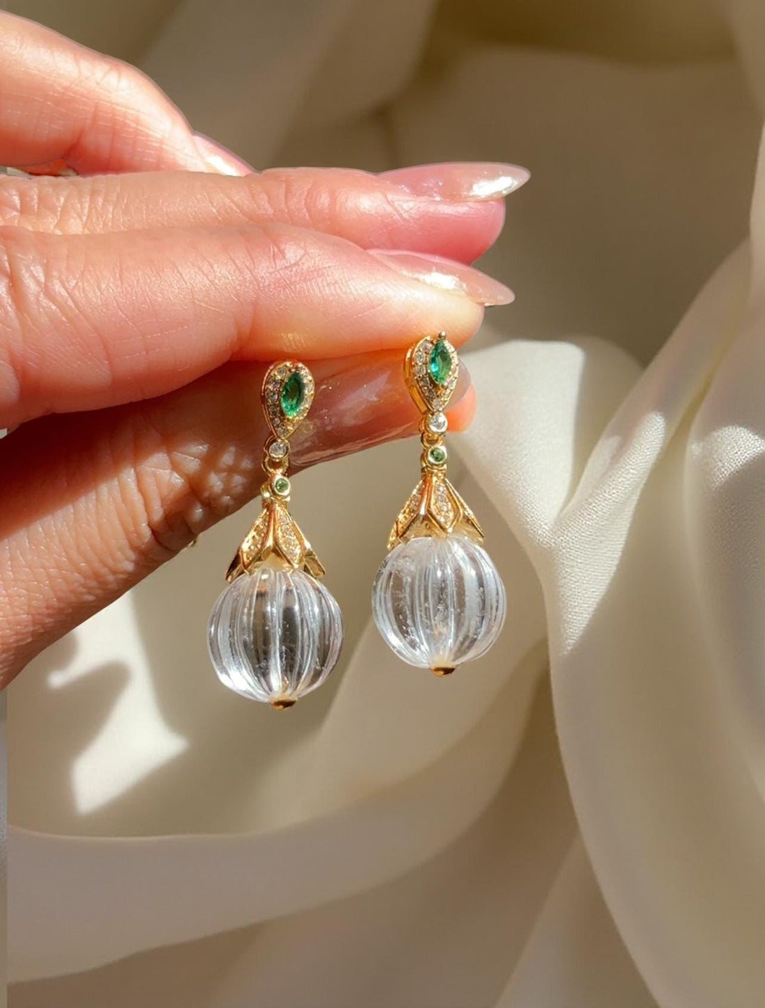 Natural Clear Quartz Drop Earrings with Emerald