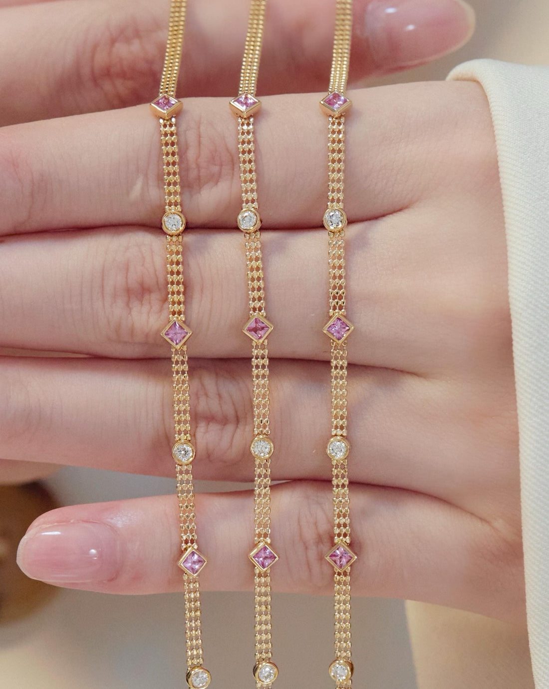 18K Solid Gold Pink Sapphire Diamond Bracelet | Lace Chain Jewelry | Dainty Natural Gemstone Gift | Custom Gold Bracelet,earth mined diamond