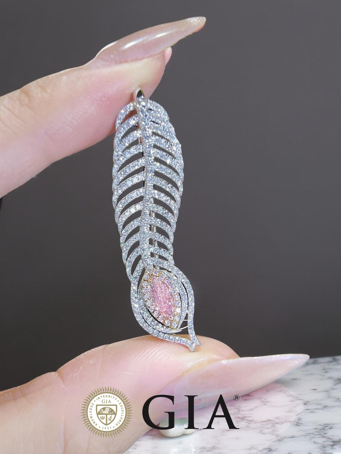 GIA Certified Natural Pink Diamond Feather Pendant Brooch | 0.35ct Marquise VS2