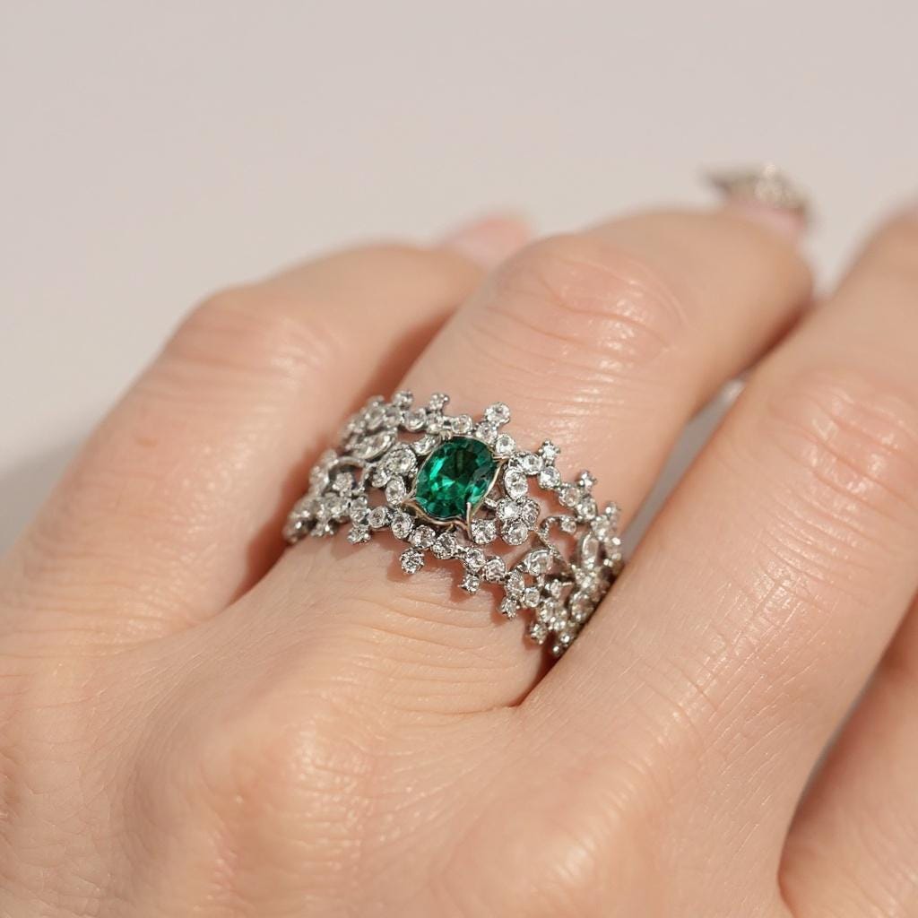 Emerald and White Sapphire Tiara Ring