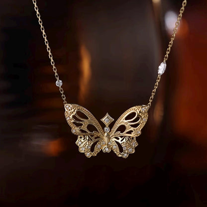 18K Solid Gold Diamond Butterfly Necklace