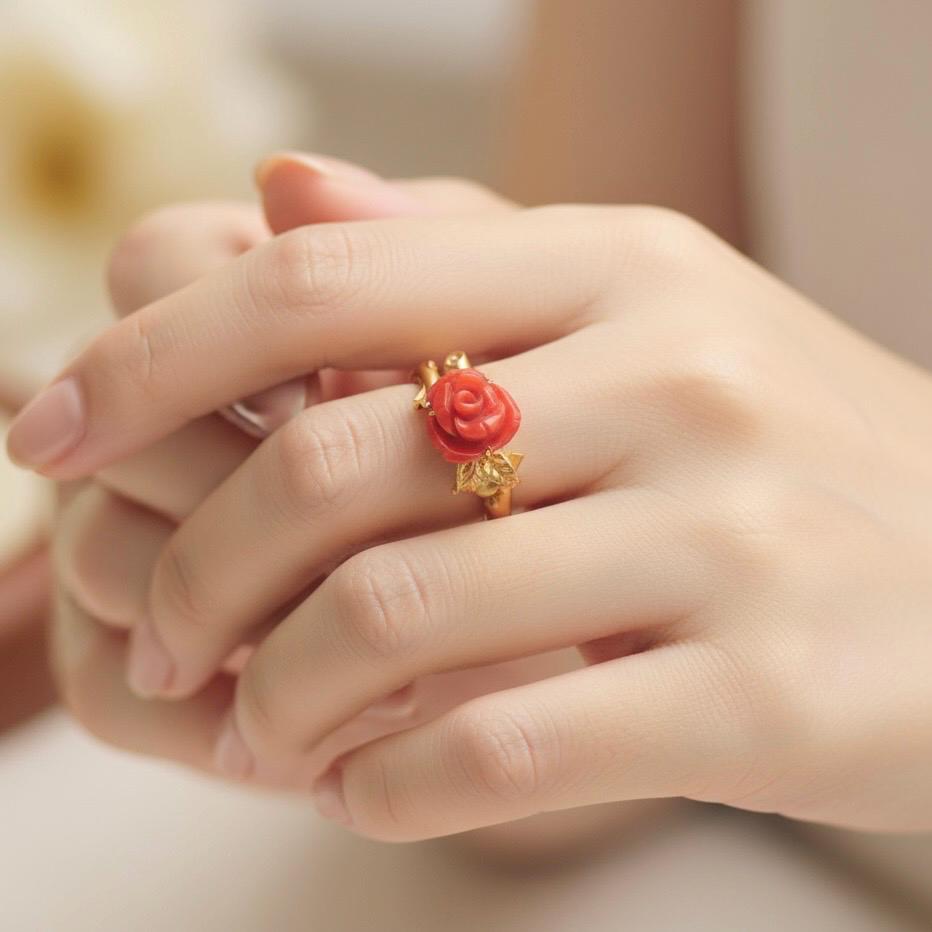 18K Solid Gold Hand-Carved Red Coral Flower Ring