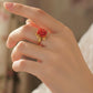 18K Solid Gold Hand-Carved Red Coral Flower Ring
