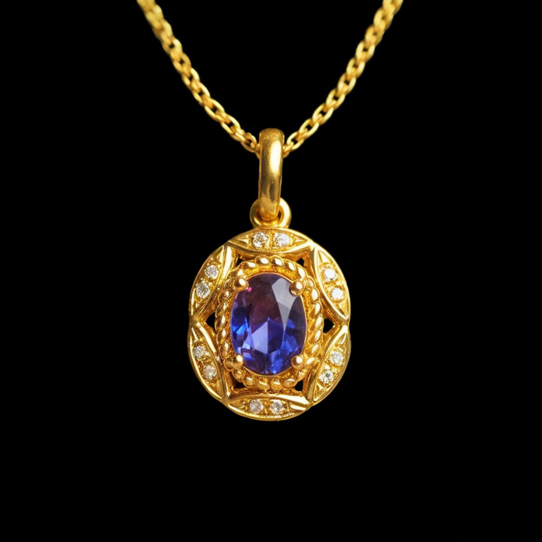 18k Solid Gold Sapphire Pendant with Diamonds
