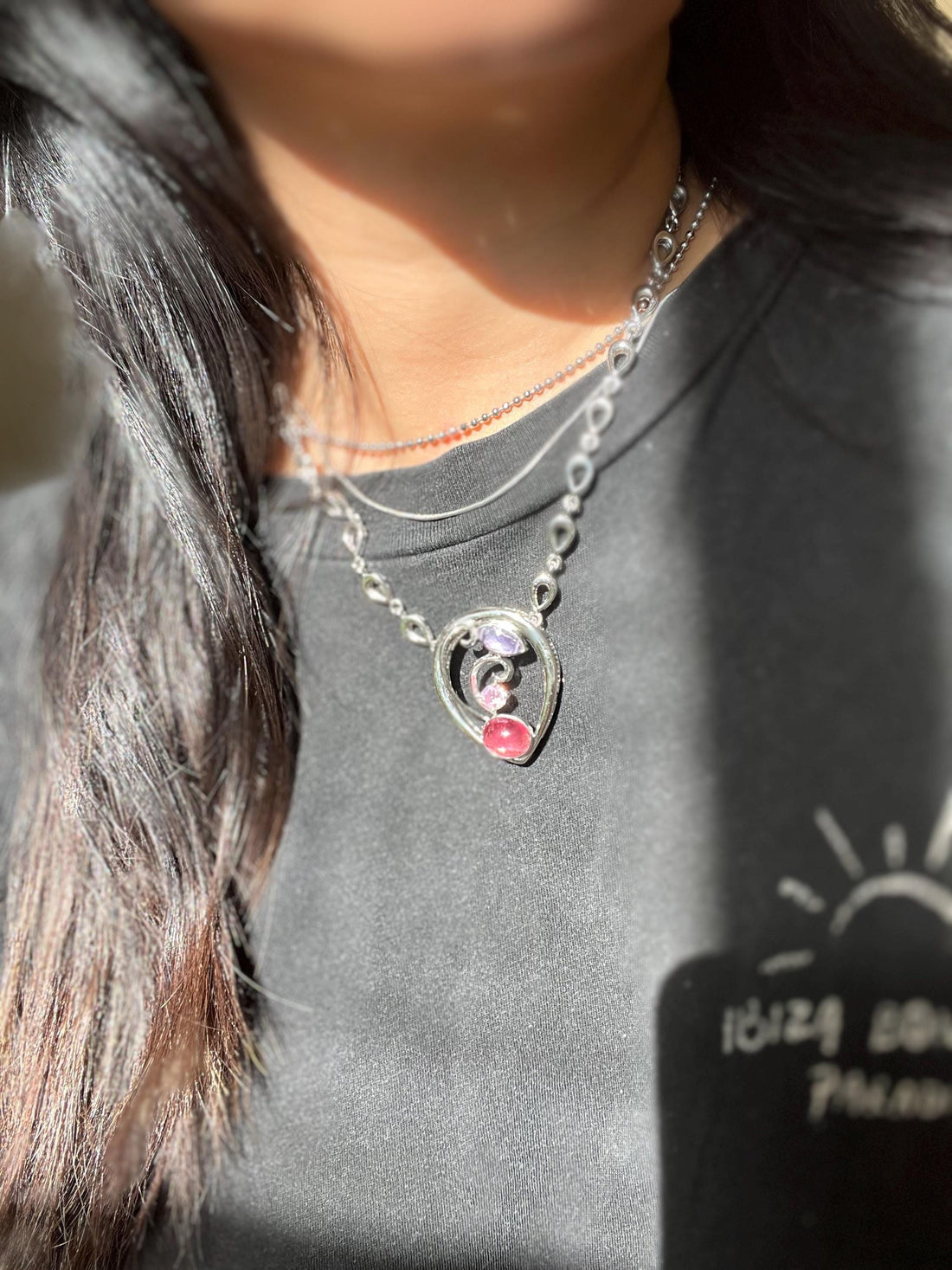 Rubellite Tourmaline, Amethyst & Pink Gemstone Pendant