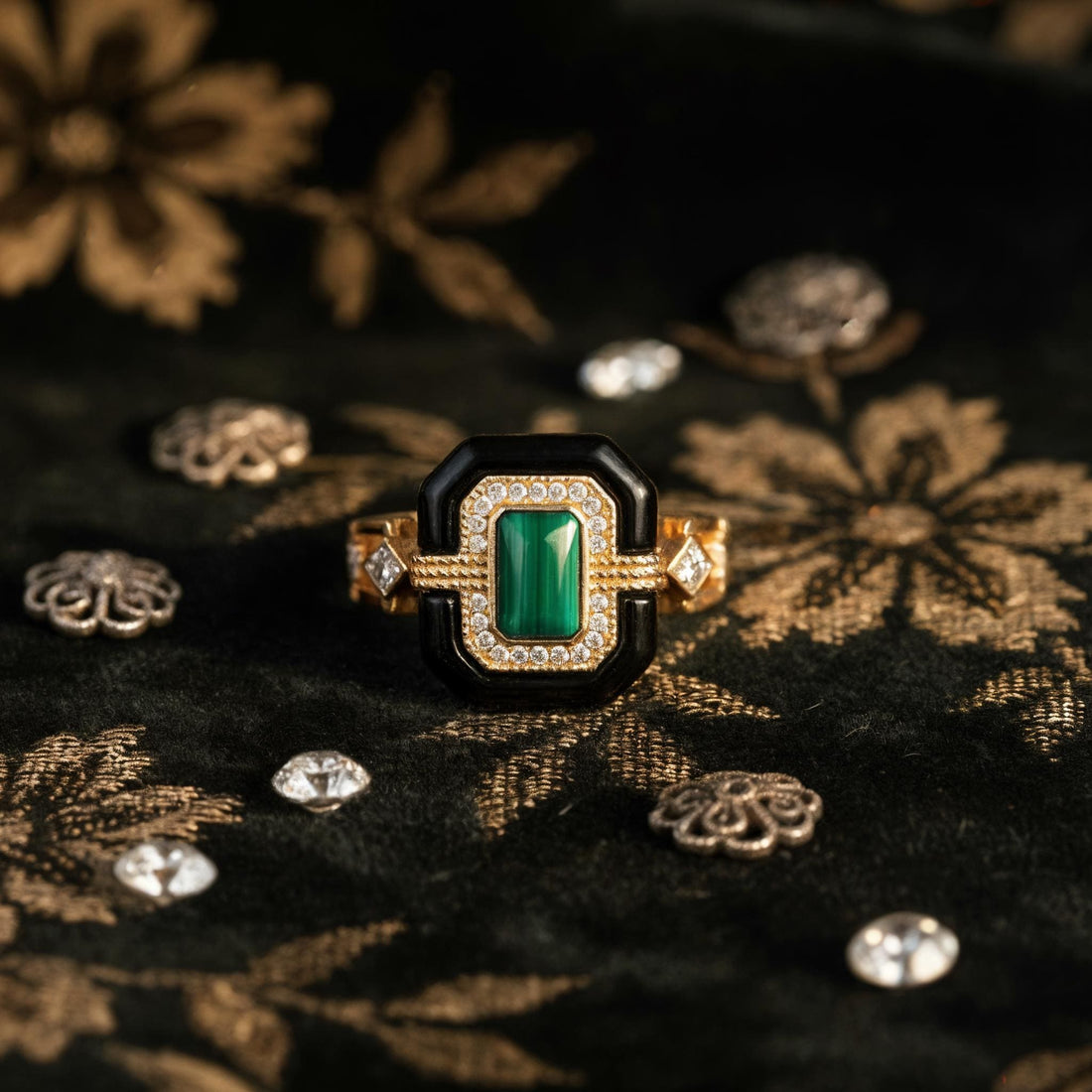 Malachite 18k Gold Ring, Art Deco Ring, Promise Ring, Malachite Ring, statement Ring, Cocktail Ring, silver Ring, gift for her