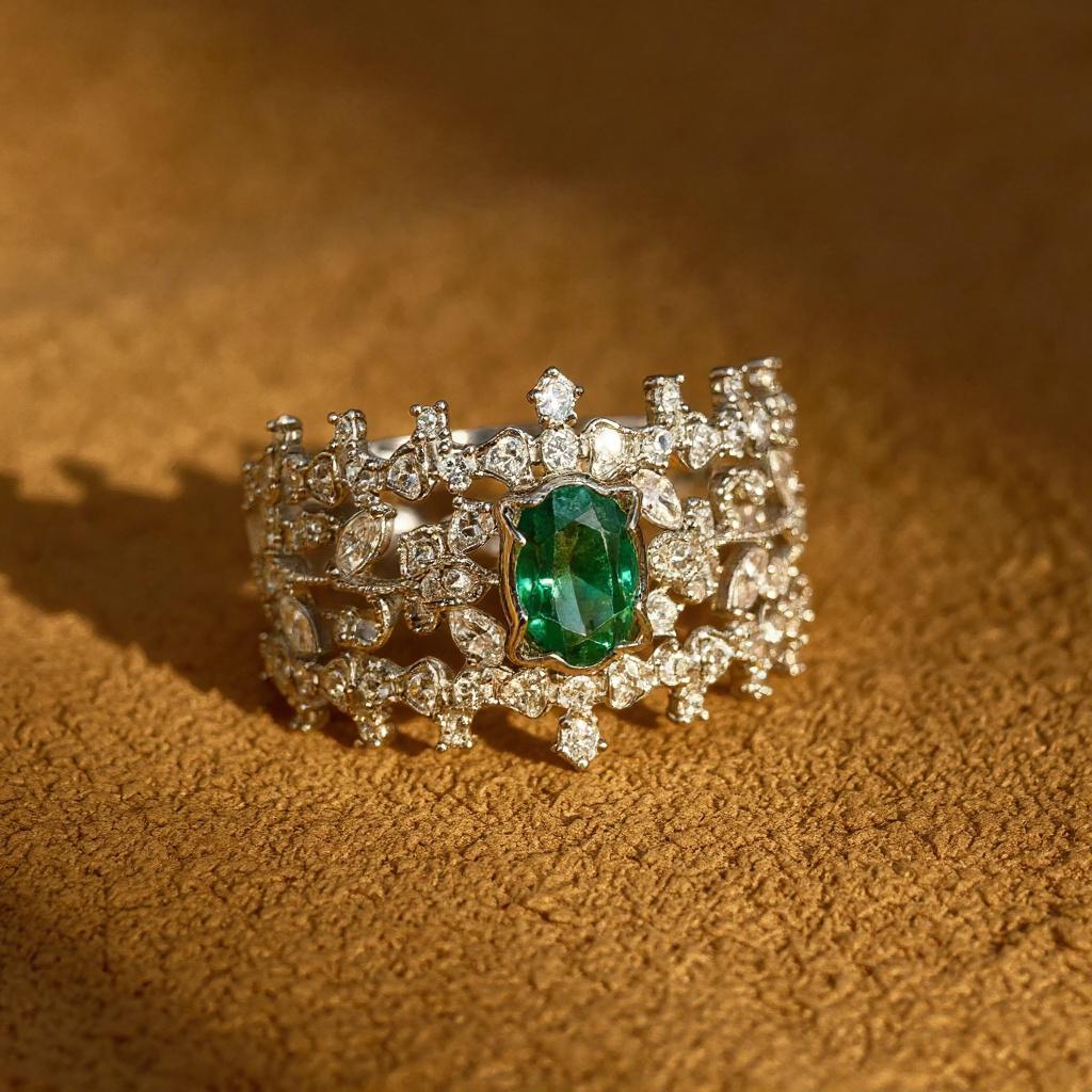Emerald and White Sapphire Tiara Ring