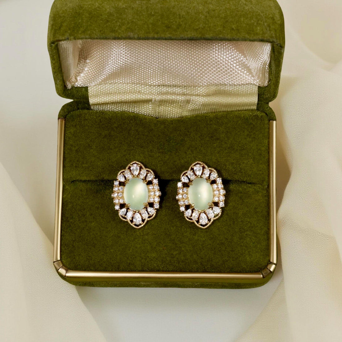 French Inspired Statement Prehnite Stud Earrings