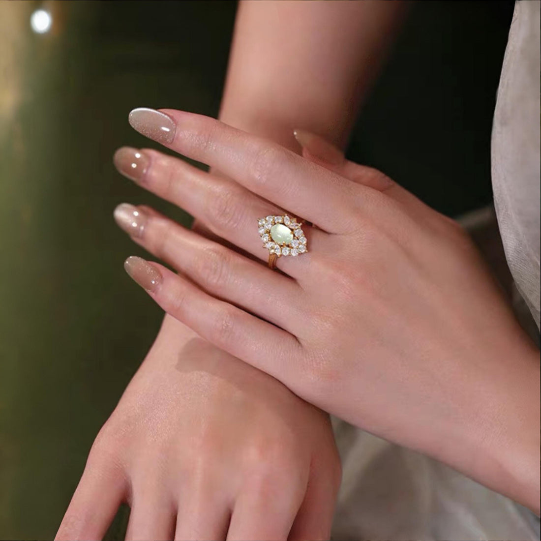 French Inspired Prehnite Cocktail Ring