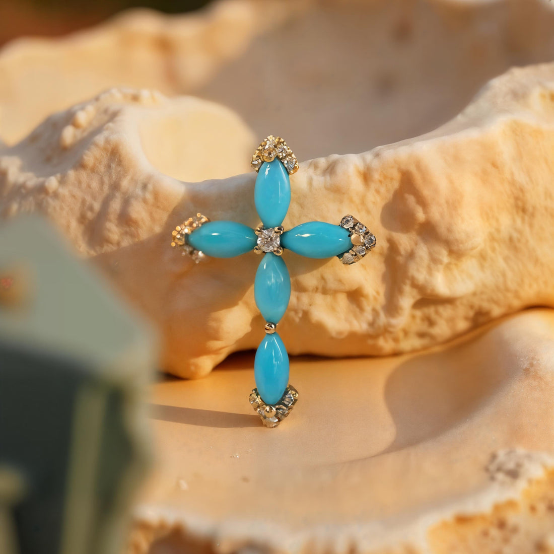 Sleeping Beauty Turquoise & Diamond Cross Pendant in 18K Solid Gold