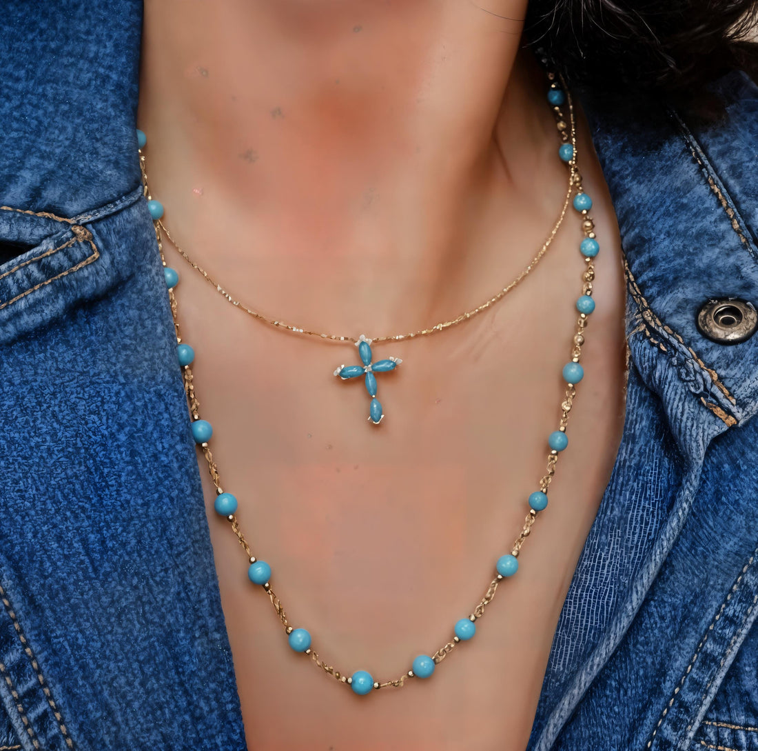 Sleeping Beauty Turquoise & Diamond Cross Pendant in 18K Solid Gold