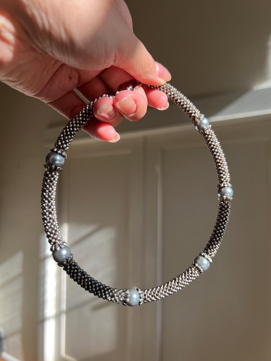 Silver Choker Necklace with Gray Freshwater Pearls | Luxury Artisan Sterling Silver Beadwork | Statement Jewelry Gift
