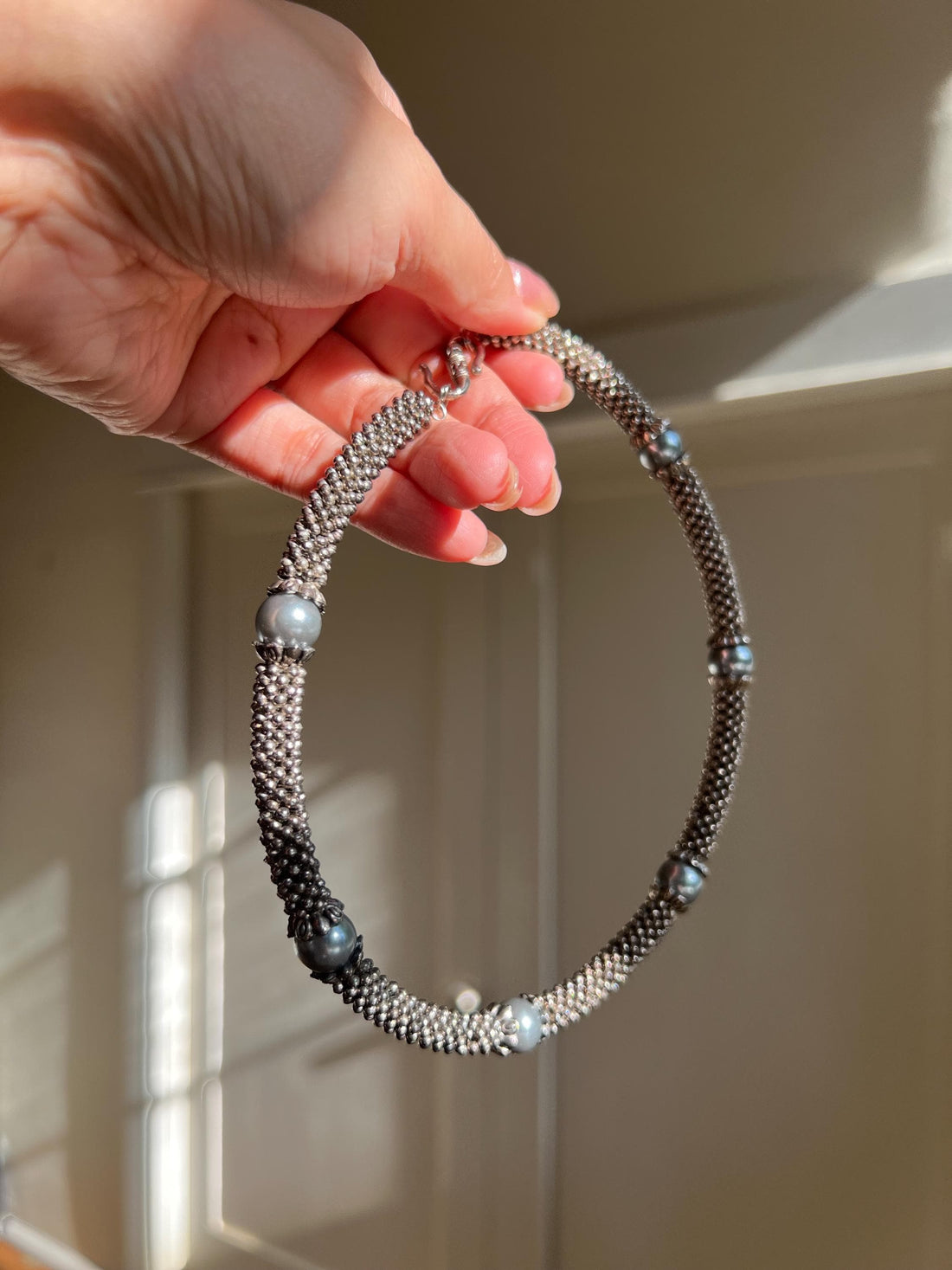 Silver Choker Necklace with Gray Freshwater Pearls | Luxury Artisan Sterling Silver Beadwork | Statement Jewelry Gift