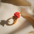18K Solid Gold Hand-Carved Red Coral Flower Ring