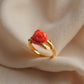 18K Solid Gold Hand-Carved Red Coral Flower Ring