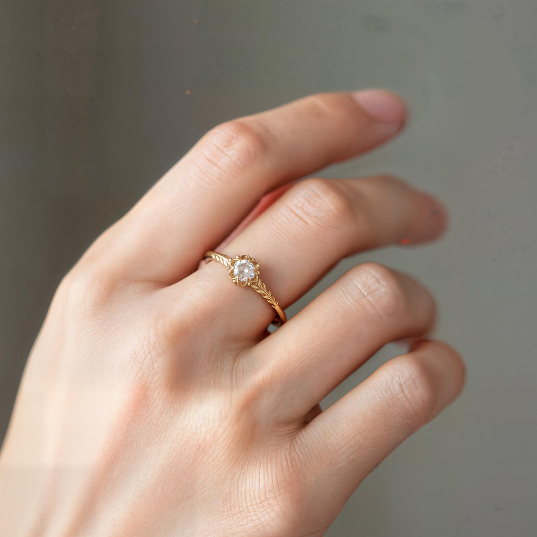 18K Solid Gold Rose Cut Diamond Ring | Antique Style Engagement Ring