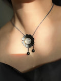 Moonstone Flower Pendant Necklace | Oxidized Silver with Black Onyx