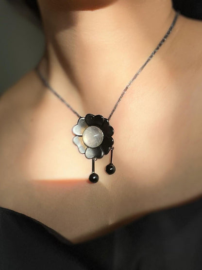 Moonstone Flower Pendant Necklace | Oxidized Silver with Black Onyx