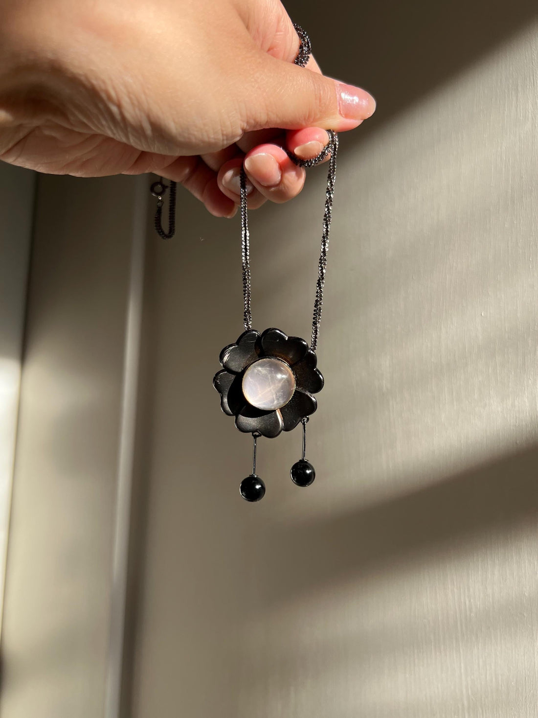 Moonstone Flower Pendant Necklace | Oxidized Silver with Black Onyx