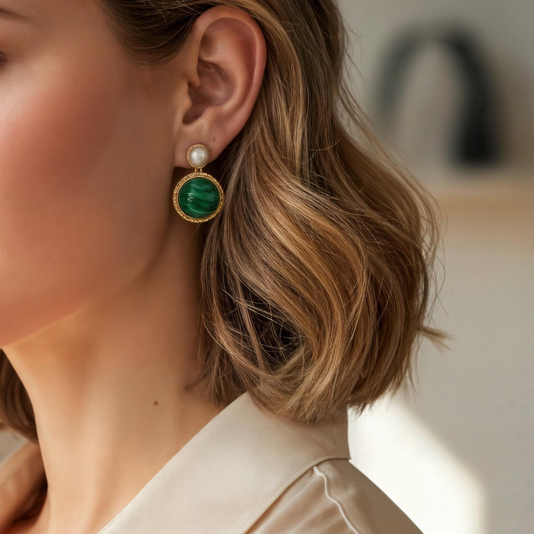 Green Malachite and Pearl Dangle Earrings | Gold Vermeil Drop Studs | Elegant Statement Jewelry Gift for Her | Quiet Luxury Style