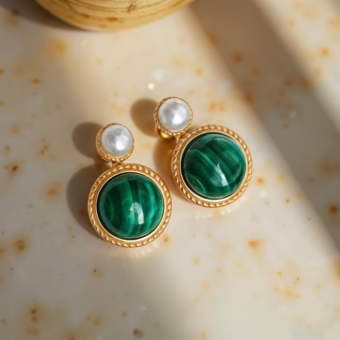 Green Malachite and Pearl Dangle Earrings | Gold Vermeil Drop Studs | Elegant Statement Jewelry Gift for Her | Quiet Luxury Style