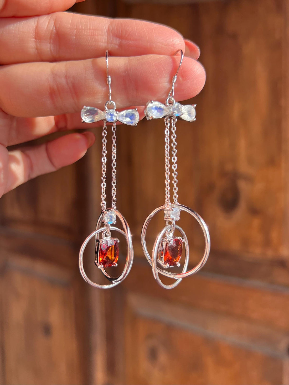 Garnet and Moonstone Earrings: Fine Silver Bow Dangle, Hypoallergenic