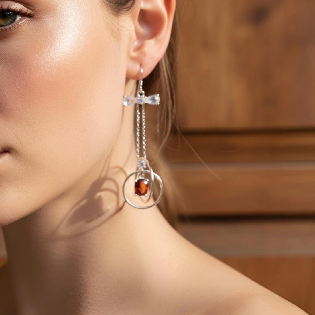 Garnet and Moonstone Earrings: Fine Silver Bow Dangle, Hypoallergenic